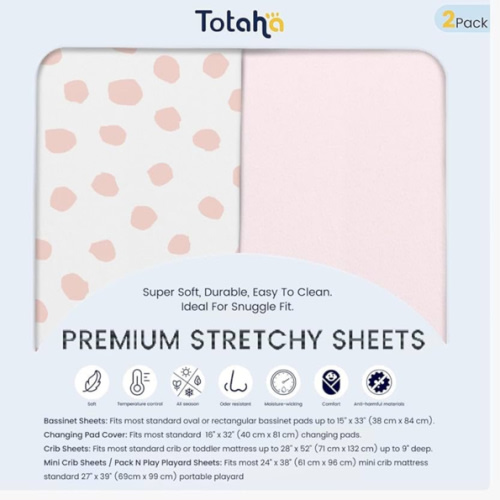 TotAha Premium Soft Bassinet Sheet for Boy Girl, Super Stretchy Jersey Knit Bassinet Fitted Sheet, Compatible with Halo, Maxi COSI, Mika Micky, SNOO, Baby Delight Mattress, 2 Pack