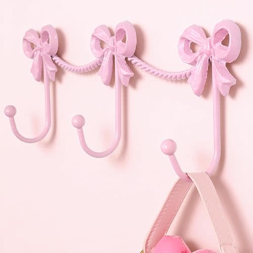 Pink Bow Hooks for Girls: Cute Triple Hanger Wall Mount for Girl's Bedroom Bathroom for Hanging Towel Bag Robe - Metal Bows 3 Hooks for Coquette Room Decor for Girly Daughter Baby Girl