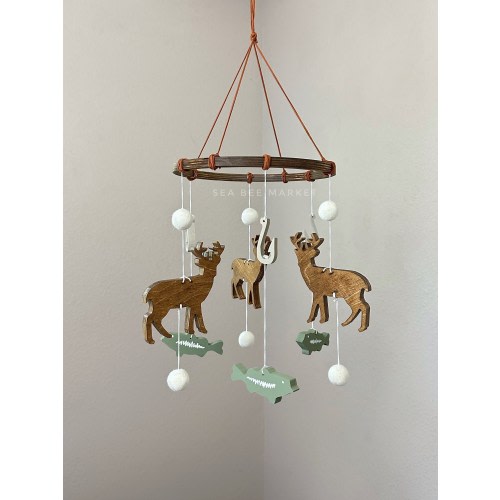 Bucks and Bass Baby Crib Mobile | Wooden Deer and Green Largemouth Bass Mobile with Grey Hooks | Fishing and Woodland Nursery Mobile