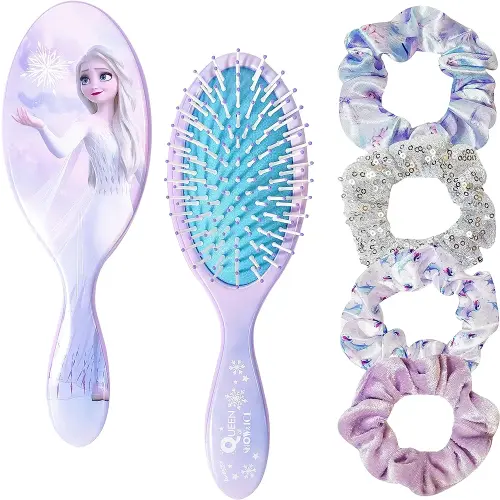 Frozen Princess Elsa 5 Pcs Hair Accessory Set - 1 Hair Brush + 4 Scrunchies for Girls. Detangling Brush and Elastic Hair Ties.