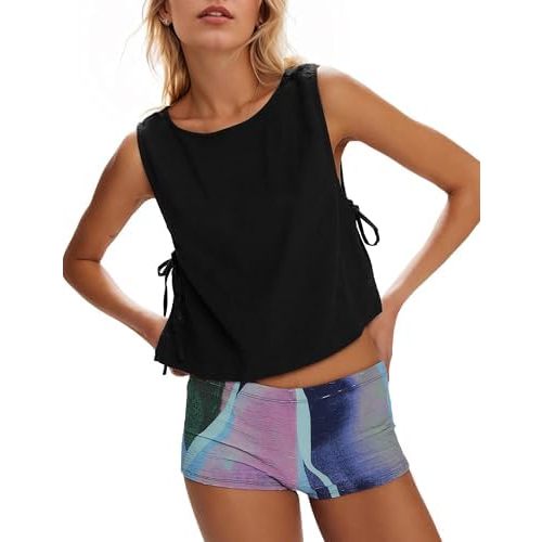 Crew Neck Crop Tank Tops for Women Loose Split Tie Side Sleeveless Cotton Linen Tops Summer Boxy Cropped Vest Tops
