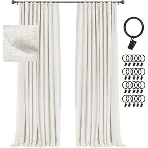 INOVADAY 100% Blackout Curtains for Bedroom, Black Out Curtains 84 Inch Long, Clip Rings Linen Blackout Drapes, Thermal Insulated Room Darkening for Living Room, 2 Panels - Off White,W50xL84