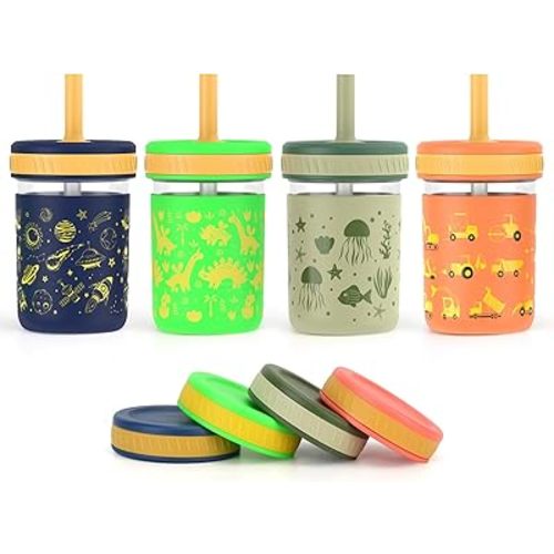 Sursip Toddler Glass Cups with Straw, Spill-Proof Kids Mason Jar Food Storage with Lids, Sippy Cups for Drinks, Smoothies, Snacks, Milk Cup [4 Pack] 8 oz 2-in-1