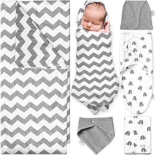 Ocean Drop Designs Receiving Blankets for Boys & Baby Girls - 5pc Set Gender Neutral Baby Clothes Includes Blanket, Hat, Bib, Burp Cloth & Swadle