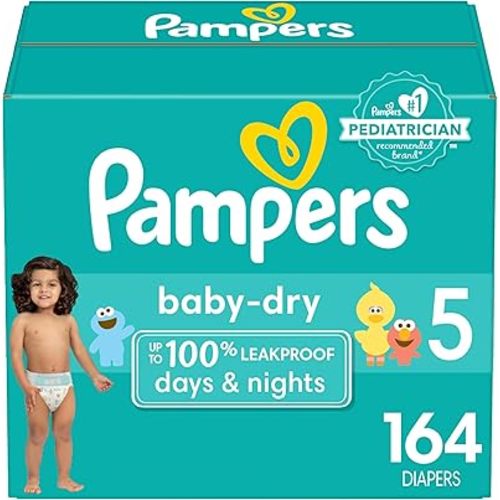 Pampers Baby Dry Diapers - Size 5, One Month Supply (164 Count), Absorbent Disposable Diapers