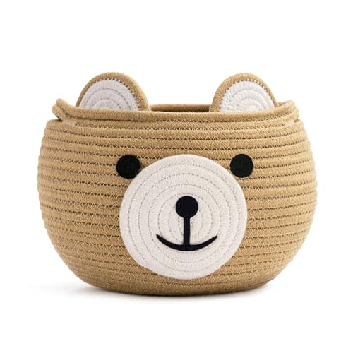 CherryNow Cotton Rope Baby Basket for Nursery, Bear Gift Baskets for Kids, Empty Baby Shower Basket with Handles, Small Cute Animal Baskets, Brown, 10.5"D x 8.5"H