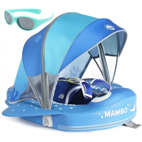 Mambobaby Float with Canopy and Tail New Upgraded Non-Inflatable Baby Pool Float Mambo Float Swim Trainer Solid Infant Swim Float Adjustable Pearl Foam Baby Swim Ring