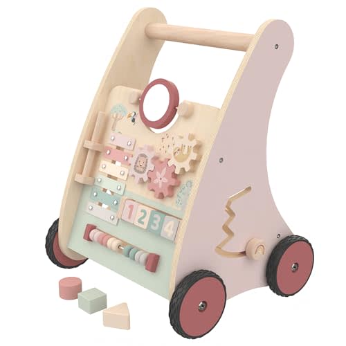Pink Wooden Push Pull Sit to Stand Walker - Adjustable Learning Activity Center - Baby Learning to Walk - Educational Gift for Toddler Boy or Girl