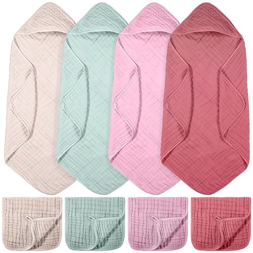 8 Pcs Baby Muslin Hooded Bath Towels and Washcloths, 32 x 32 Inch Muslin Cotton Hooded Baby Towels Absorbent Blankets for Gift Newborn Infant Shower (Vivid Color)
