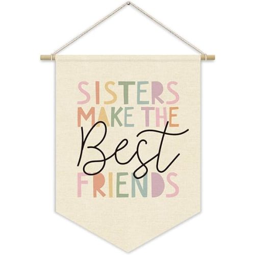 Girl Nursery Decor Canvas Banner,Sisters Make The Best Friends Bedroom Playroom Wall Art Decorations,Boho Twin Room Sign,Siblings Kids Room Hanging Pennant Flag Banner