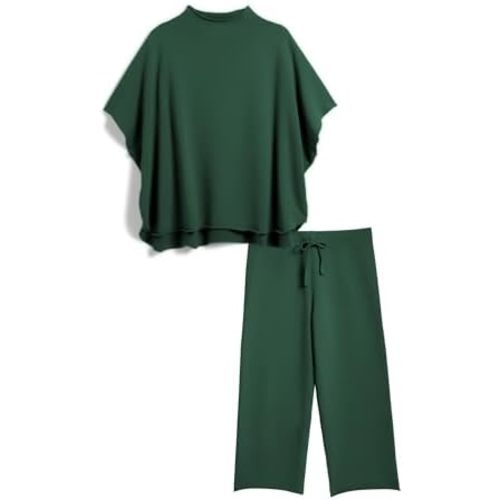 Women's Two Piece Outfits 3/4 Batwing Sleeve Capelet Crew Neck Pullover Top Wide Leg Pants Lounge Set