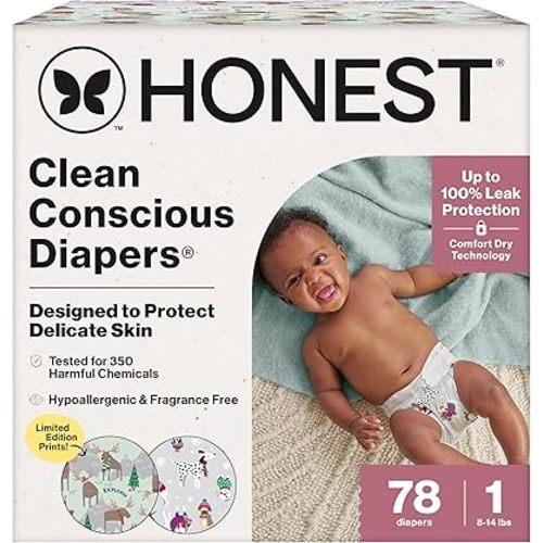 The Honest Company Clean Conscious Diapers for Delicate Skin | Up to 100% Leakproof | Hypoallergenic, Fragrance Free | Winter '25 Limited Edition Prints | Club Box, Size 1 (8-14 lbs), 78 Count