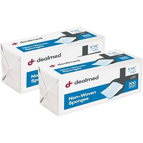 Dealmed Non-Woven Gauze Sponges - 4-Ply, 4" x 4" All-Purpose Non-Sterile Absorbent Dental Gauze Wound Care for First Aid Kit/Medical Facilities, 200 Count (Pack of 2)