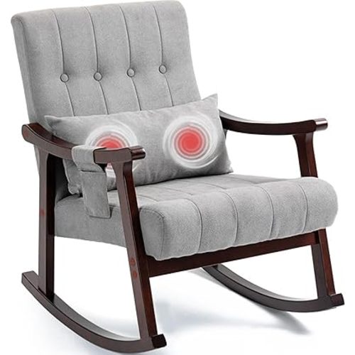 AVAWING Rocking Chair Nursery, Upholstered Fabric Glider Rocker with 2-Point Massage Lumbar Pillow and Solid Wood Legs, Extra Small for Bedroom and Living Room, Grey