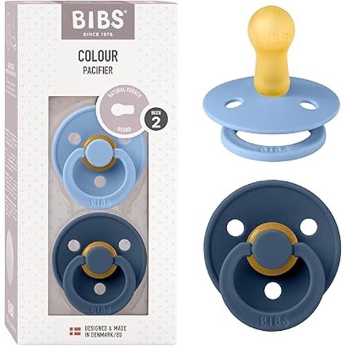 BIBS Pacifiers Colour Collection | Natural Rubber Baby Pacifier | Set of 2 BPA-Free Soothers | Made in Denmark | 6+ Months (Pack of 2) | Sky Blue/Steel Blue