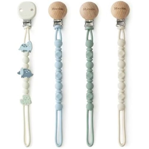 Moonkie Silicone Pacifier Clips for Baby – Durable One-Piece Binky Holder, Mixed Styles Paci Clips, Baby Essentials for Newborn Boys & Girls - 4 Pack (Dino Roars)