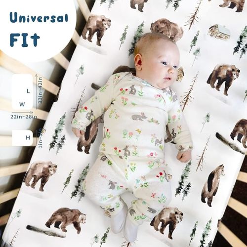 GRSSDER Stretchy Ultra Soft Jersey Knit Fitted Pack n Play Sheets Set 2 Pack, Neutral Portable/Mini Cribs Sheets, Fit Playpen Mattress Pads Safe and Snug, Jungle Bear/Rainbow for Baby - Tan - Pack N Play