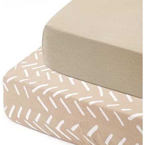 GRSSDER Soft Muslin Crib Sheet 2 Pack, 100% Cotton Crib Sheets for Boys and Girls, Fit Standard Crib Mattresses 52" x 28" Safe and Snug, Taupe/Stripe