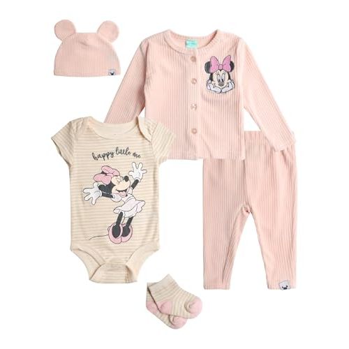 Disney Baby Girls Take Me Home Set - 5 Piece Minnie Mouse Bodysuit, Shirt, Pants, Hat, Socks - Newborn Infant Essential, 0-9M