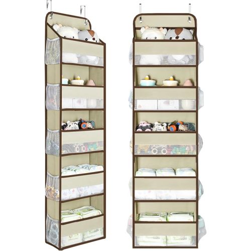 Yecaye 2 Pc Over the Door Organizer with 5 Bins 10 Side Pockets, 44lbs Load Hanging Bathroom and Bedroom Organizer, behind the Door Hanging Organizers for Nursery Newborn Baby Essential Stuff Beige