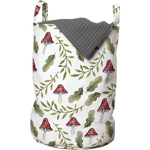 Ambesonne Mushroom Laundry Bag, Watercolor Pattern Green Leaves Forest Elements Botanical Woodland Theme, Hamper Basket with Handles Drawstring Closure for Laundromats, 13" x 19", Green Ruby