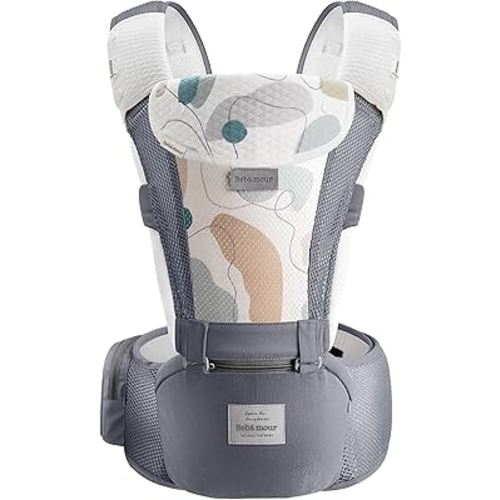 Bebamour Baby Carrier Newborn to Toddler-Baby Hip Carrier Front and Back Carry with Head Hood & 3 Pieces Teething Pads& Waist Extenders & Storage Bag(Grey)