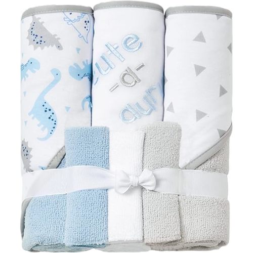 Viviland Baby Towels and Baby Wash Cloths Set Hooded Baby Towels Baby Wipes Absorbent Bath Face Towels Burp Cloths or Face Towels for Girl Boy 6-Pack Size 28 x 28 Inch, Dinosaur