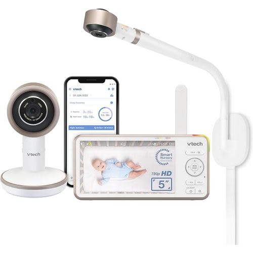 VTech V-Care 1080p FHD Over-The-Crib WiFi Smart Baby Monitor with 5" 720p HD LCD Screen. Remote Access, Intelligence Built-in, Sleep Analysis, Rollover & Face Cover Detection, 18 hrs. Recording - PU+CAM
