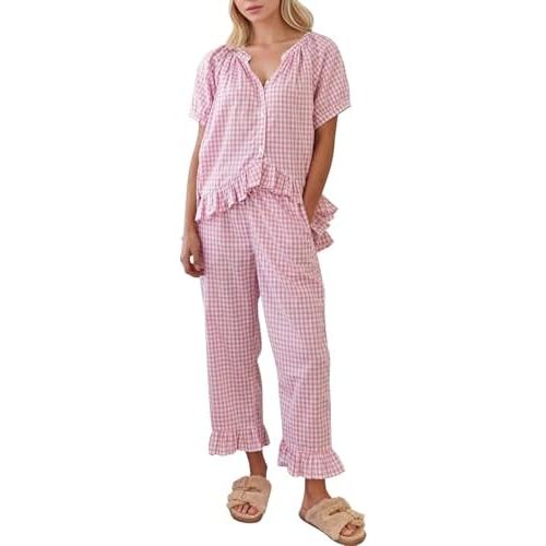 COZYPOIN Womens Gingham Pajama Set 2 Piece Plaid Cotton Pjs Cute Ruffle Sleepwear Maternity Bridesmaid Pajamas Loungewear