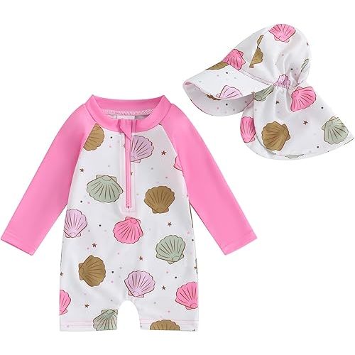 Toddler Infant Baby Boys Swimsuit Kids Rash Guard One Piece Newborn Zipper Bathing Suit Swimwear with Hat