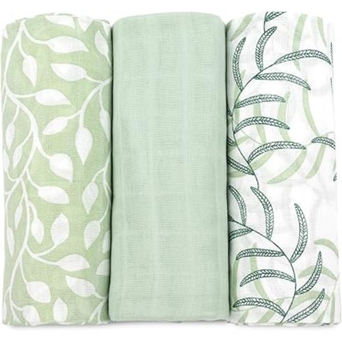Muslin Swaddle Blankets for Newborn, 3 Pack Neutral Receiving Blanket, Muslin Blanket Swaddles Wrap for Boys and Girls, Baby Essentials, 47x47 Inches Large Size, 100% Cotton, Green Leaves