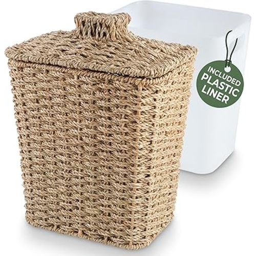 Wicker Trash Can with Lid and Liner - Rattan Trash Can for Bathroom - Decorative Wicker Waste Basket for Bedroom, Kitchen and Office (Natural Seagrass)