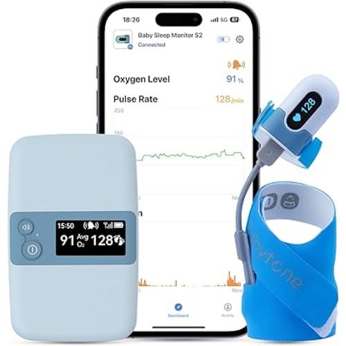 Babytone Baby Sleep Monitor with Base Station, Wearable Smart Sock Foot Monitor with Free App Report, Tracks Heart Rate, Movement and Average Oxygen Level, Fits Newborn 0 to 36 Months Old (BBSM S2)