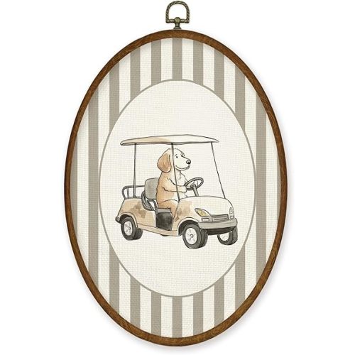 WULQYING Vintage Golden Retriever Golf Cart Wall Art Decor, Nursery Dog Sports Oval Framed Canvas Art Prints, Toddler Striped Sports Wall Hanging Decor for Home Playroom Boys Bedroom, 8.6x11.4 Inches