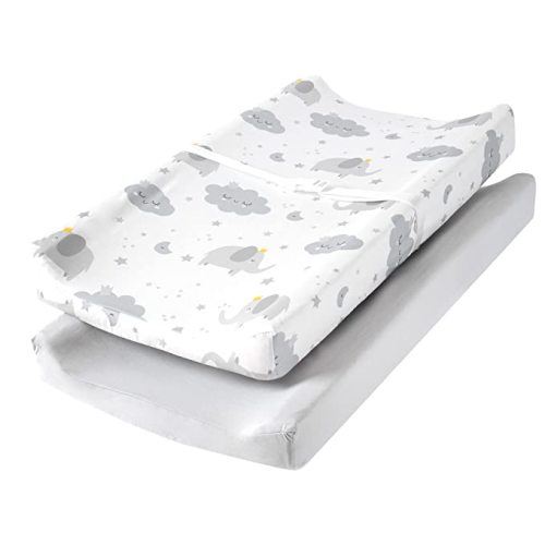 TILLYOU Changing Pad Cover Set in Soft Jersey Material - Fits 32"/34''x16 Contoured Pad for Babies, Elephant & Cloud, Grey