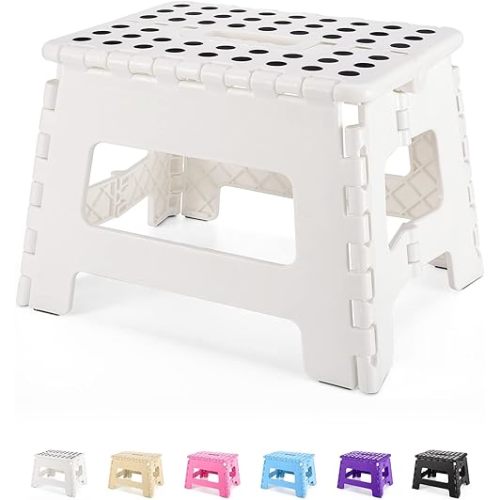 Dyforce Folding Step Stool 9", Kids Step Stool, Heavy Duty Step Stools for Adults, Compact Foot Stools, Light-Weight Toddler Step Stool for Kitchen, Bathroom, Holds Up to 300 lbs (White)