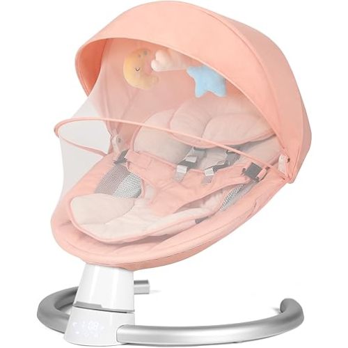 Baby Swing for Infants, Baby Rocker with 5 Speed & 10 Preset Lullabies, Bluetooth Support, 5 Point Harness with Remote Control and 3 Hanging Toys, Pink