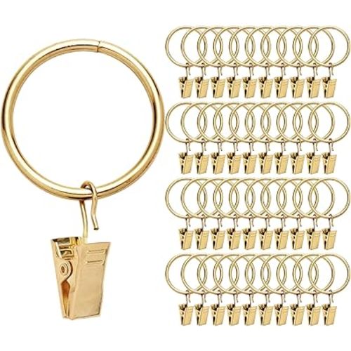 40 Pack Rings Curtain Clips Rustproof Metal Window Drapery Clip Vintage Heavy Duty Eyelet Curtain Rods Hangers Rings with Hooks, 1.25In Inner Diameter (Golden-Non Open)
