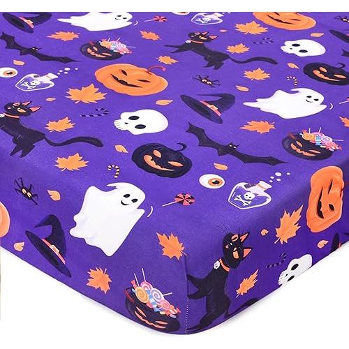 Halloween Crib Sheets, Fitted Crib Sheet with Ghosts, Skull, Pumpkin, Cat, Bats, and Eyeball, Measuring 52'' x 28'' to fit Standard Crib & Toddler Mattresses, Purple