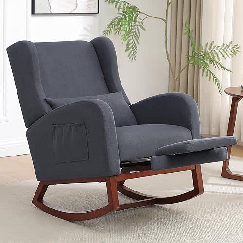 Nursery Rocking Chair, Rocking Chair Nursery with Foot Rest, Comfy Fabric Glider Rocker Nursing Chair with High Back for Nursing, Living Room, Bedroom, Grey