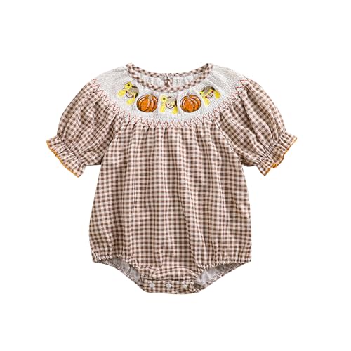 Ayalinggo Newborn Baby Girl Smocked Pumpkin Outfit Infant Plaid Bubble Romper Embroidery Halloween Thanksgiving Fall Clothes