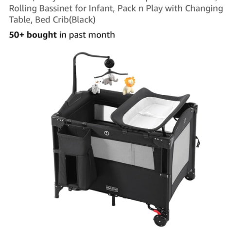 HARPPA Pack and Play 5 in 1, Portable Baby Playard for Travel, Baby Bassinet Bedside Sleeper with Mattress, Rolling Bassinet for Infant, Pack n Play with Changing Table, Bed Crib(Black)