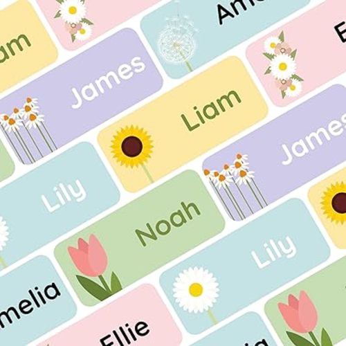 Personalized Name Labels for Kids (60) – Waterproof and Durable Clothing Labels for Kids, Labels for School Supplies, Stickers for Nursery, Daycare, and Preschool - Flowers