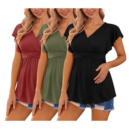 Ekouaer Maternity Shirts 3 Packs Flying Short Sleeve Nursing Tops Pregnancy Clothes