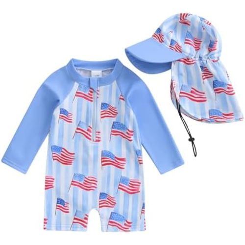 Toddler Baby Boy Girls One Piece Swimsuit Long Sleeve Zipper Bathing Suit with Hat Infant Rash Guard Swimwear