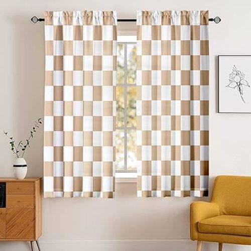 Beige Checkered Curtains for Bedroom,Rod Pocket Brown and White Semi Sheer Curtains Farmhouse Retro Checkerboard Light Filtering Drapes for Living Room,Set of 2 Window Curtain Panels,42 x 63 Inch