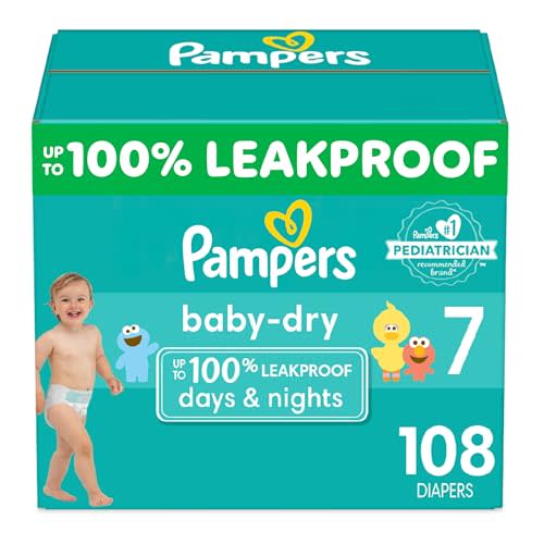 Pampers Baby Dry Diapers - Size 7, One Month Supply (108 Count), Absorbent Disposable Diapers