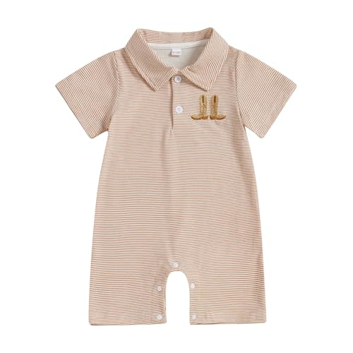 Dewadbow Baby Boy Summer Outfit Short Sleeve Embroidery Polo Romper Lapel Button Striped Bodysuit Jumpsuit Clothes