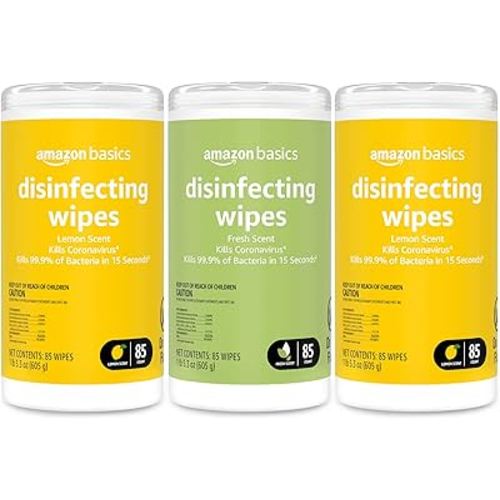 Amazon Basics Wipes, Lemon & Fresh Scent, Sanitizes, Cleans & Deodorizes, 255 Count (3 Packs of 85)
