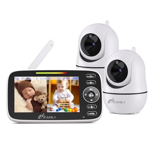 iFamily Split Screen Baby Monitor, Large Display Video Baby Monitor with 2 Cameras and Audio, Long Range, Remote pan tilt, Night Vision, Temperature Sensor, 2 Way Talk, Feeding Clock and lullabies.